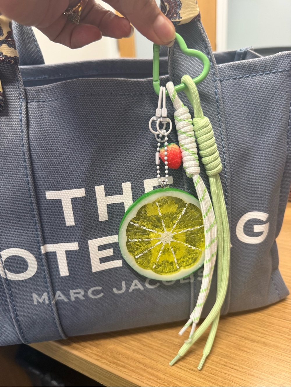 Green Lime Slice Keychain with Tassel and Strawberry Charm